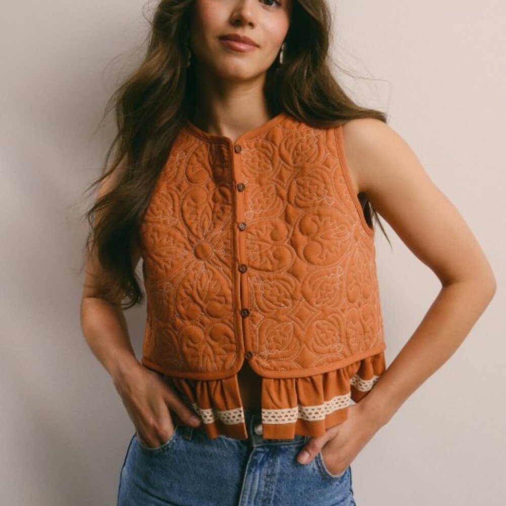 Quilted Peplum Vest with Lace Trim in Terracotta | Western Boho - Picture 6 of 15